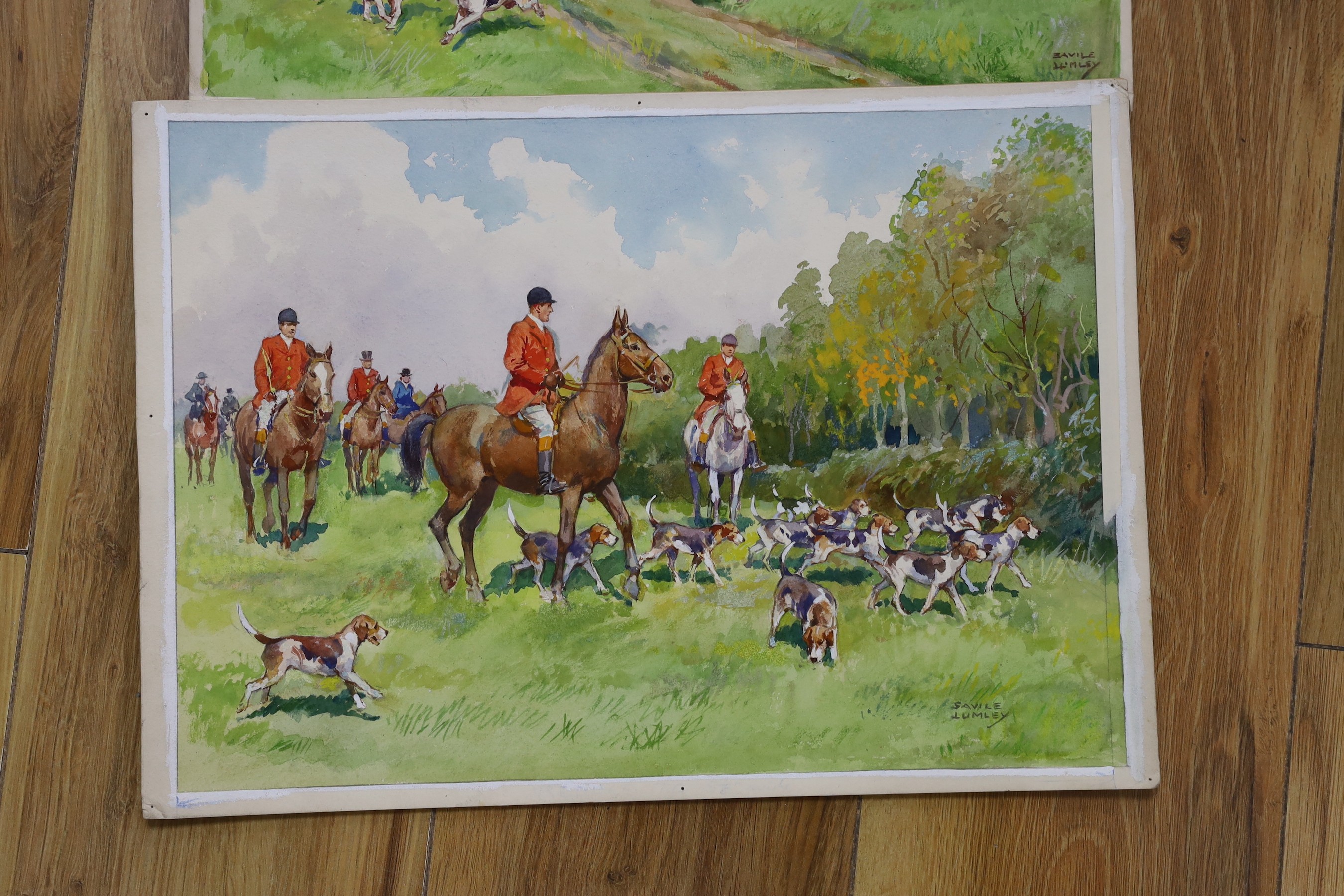 Savile Lumley (1876-1960), three watercolours, Hunting scenes, signed, 26 x 35cm, unframed